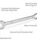 Close-up of a wrench from the 11-Piece SAE Combination Wrench Set In Roll Up Pouch Non-Skip Inch Sizes 1/4 To 3/4 Inch Chrome Vanadium Steel With Mirror Finish