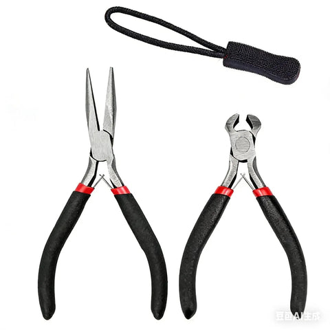 Image showing two installation pliers with black handles and a pull tool from the All-In-One 368-Piece Zipper Repair Kit With 2 Installation Pliers.