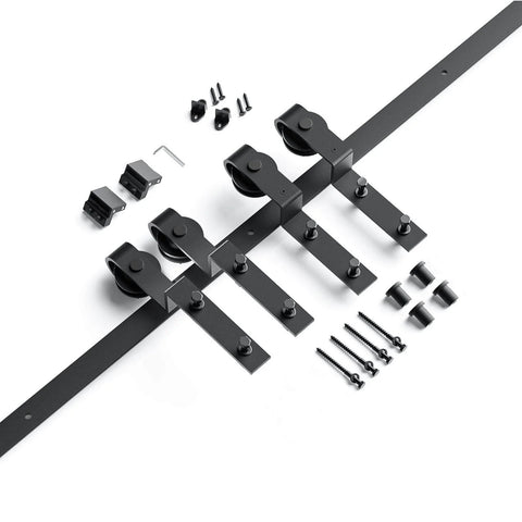 5.5 Foot Bypass Double Sliding Barn Door Hardware Kit With Single Track For 38 Inch Doors, components and track displayed