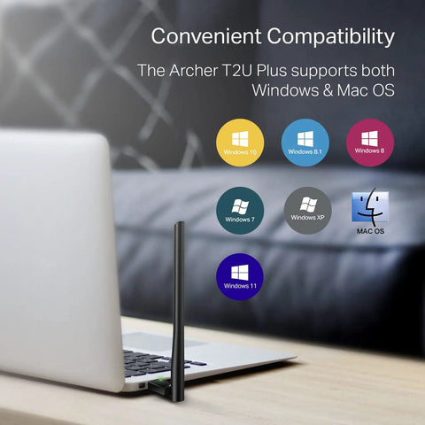 Laptop with AC600 Dual Band USB WiFi Adapter For PC With 5dBi Antenna Lag Free High Gain Wireless Card, Windows icons displayed