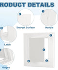 Slick White Abs Plastic Drywall Access Panel Five By Five Inch Wall Hole Cover showing latch, handle, hinges, and smooth surface details.