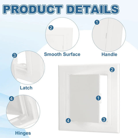 Slick White Abs Plastic Drywall Access Panel Five By Five Inch Wall Hole Cover showing latch, handle, hinges, and smooth surface details.