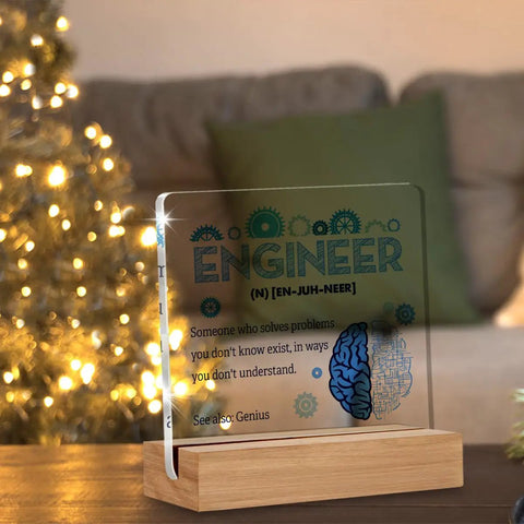 Engineer Definition Acrylic Sign Desk Decor 4 x 4 Inches Perfect Gift for Engineers and Mechanics with wooden frame, in holiday setting