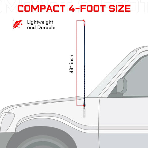 Beefy 4 Foot Fiberglass CB Radio Antenna on truck, 1000 Watt Rated, VibraSorb Anti Breakage, 48 inch black finish for vehicle use