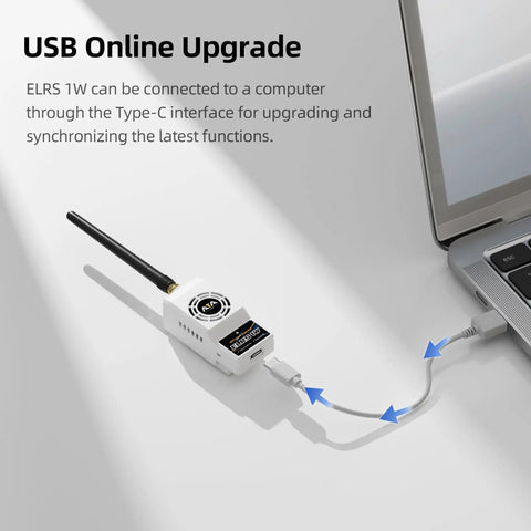 ELRS Nano 2.4GHz Long Range FPV Transmitter Module 1W Boost plugged into laptop via USB for upgrade