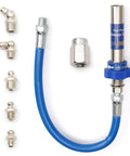Blue hose grease gun fitting kit with high-pressure coupler and lock-clamp; includes 5 grease fittings