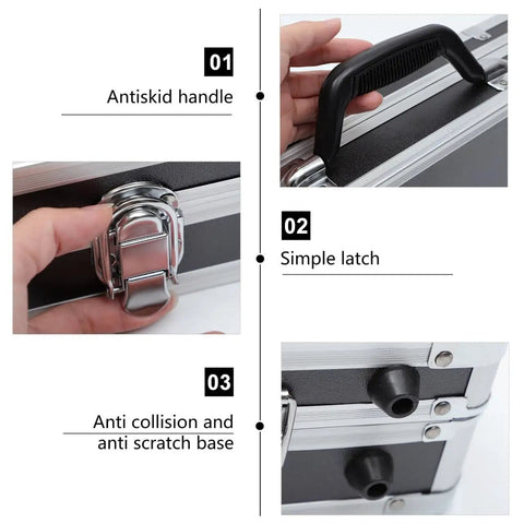 Rugged Aluminum Case With Foam Inserts Portable Hard Case Organizer For Tools And Gear, showing antiskid handle and latch