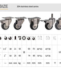 Low Noise 1.5-2 Inch Silent Caster Wheels With 304 Stainless Steel Frame Brake Option; assortment of wheel sizes on chart