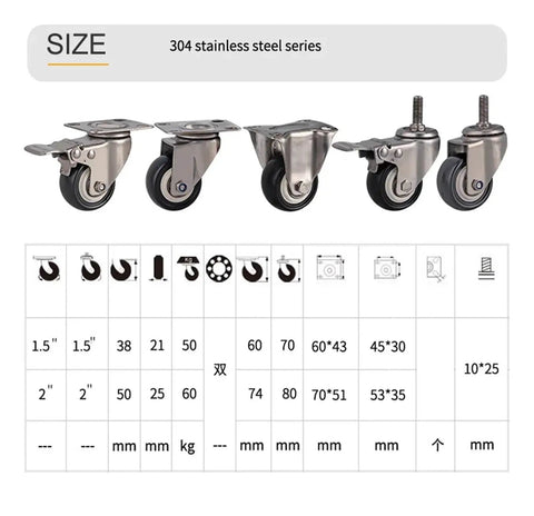 Low Noise 1.5-2 Inch Silent Caster Wheels With 304 Stainless Steel Frame Brake Option; assortment of wheel sizes on chart