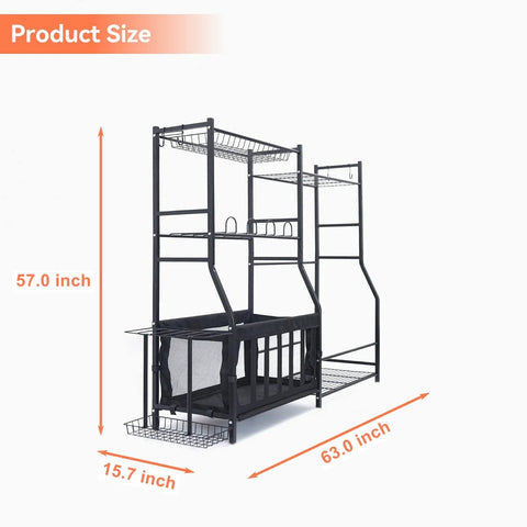 Garage Sports Gear Organizer With Ball Storage Rack And Golf Bag Stand For Indoor Outdoor Storage shown with size dimensions.