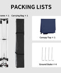 Packing list for Fast Pop Up Canopy Tent 10x10 Ft With Slant Legs, includes frame, carrying bag, dark blue canopy top, stakes.