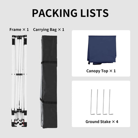 Packing list for Fast Pop Up Canopy Tent 10x10 Ft With Slant Legs, includes frame, carrying bag, dark blue canopy top, stakes.
