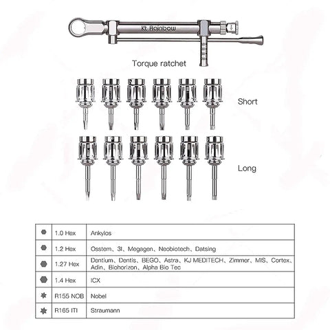 Universal Screwdriver Implant Tool Kit With 12 Drivers And Wrench, showing short and long bits with torque ratchet, 8.5mm and 13.5mm sizes.