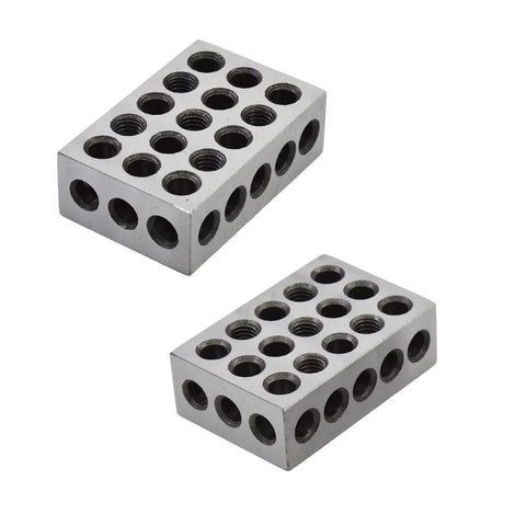 Pair Of 1 X 2 X 3 Inch Steel Blocks With 23 Holes And 0.0002 Inch Accuracy, Cross Drilled For Maximum Strength, Ideal For Milling Machine Setup Layout And Inspection Jobs, shown stacked