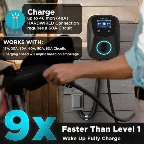 Hardwired Level 2 EV Charger 48 Amps 11.5kW 240V With 25 Ft Cable J1772 And NACS Compatible Wall Mount Charging Station in use