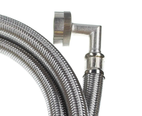 Close-up of the Steam Dryer Hose Installation Kit 4 Ft Stainless Steel Flexible Connector with angled fitting