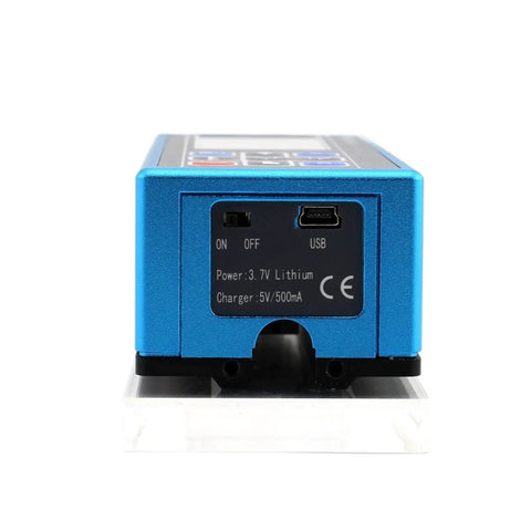 Handheld Surface Roughness Tester Profilometer showing back view with ON/OFF switch and USB port, metal testing tool for diagnostics.