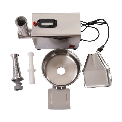 Top Shelf Commercial 450W Tomato Strainer Machine Crafted From Heavy Duty 304 Stainless Steel For Effortless Processing Of Juicy Sauves Soups And Rich Purees This Durable Vegetable Food Mill Press Is A Total Game Changer For Your Kitchen Setup showing parts and assembly.