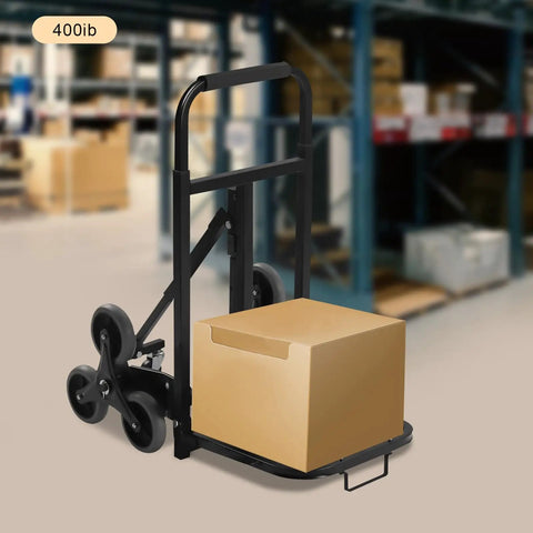 Beefy 400lbs Foldable Hand Truck Dolly, Steel Heavy Duty Folding Cart for Moving Furniture and Boxes, Three Wheel Design For Flat Ground Or Stairs, Spray Coated Black Finish, Durable, Portable Cargo Helper with box on warehouse floor