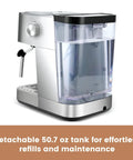 Side view of Cafe Quality Home Espresso Machine With 58mm Portafilter And Milk Frother 20 Bar Pump Compact Stainless Steel Espresso Maker