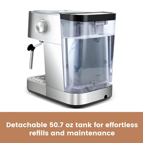 Side view of Cafe Quality Home Espresso Machine With 58mm Portafilter And Milk Frother 20 Bar Pump Compact Stainless Steel Espresso Maker
