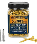 Heavy Duty Number 8 X 1-1/4 Exterior Deck Screws With Tan Epoxy Coating And T25 Star Bit in a jar with screws and bits.