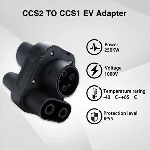 Ccs2 To Ccs1 Dc Ev Adapter 250A Fast Charging Converter 1000V angled view showcasing power and temperature ratings.