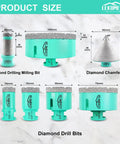 Diamond Hole Saw Kit 7Pc Heavy Duty Pro Grade For Tile And Stone product image showing drill and chamfer bits with sizes labeled.