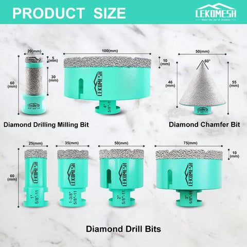 Diamond Hole Saw Kit 7Pc Heavy Duty Pro Grade For Tile And Stone product image showing drill and chamfer bits with sizes labeled.