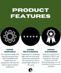 Infographic describing features of practice golf balls: durability, rewarding flight, awarded product