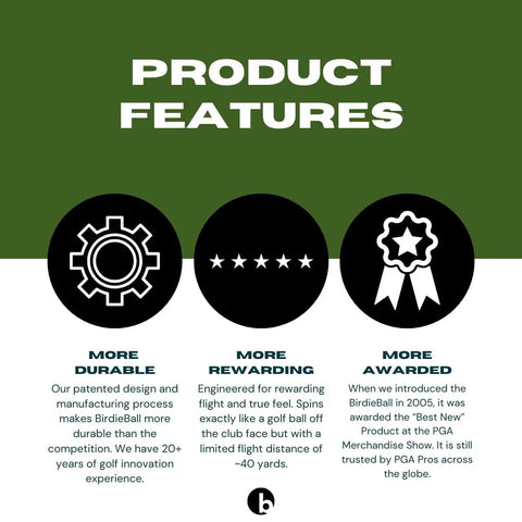 Infographic describing features of practice golf balls: durability, rewarding flight, awarded product