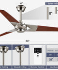 52 Inch Modern Wood Ceiling Fan Without Light For Indoor Outdoor Use, Reversible Blade Orientation, Remote Control With Timer