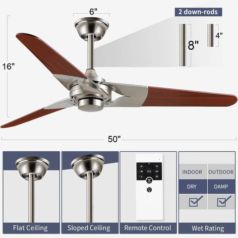 52 Inch Modern Wood Ceiling Fan Without Light For Indoor Outdoor Use, Reversible Blade Orientation, Remote Control With Timer
