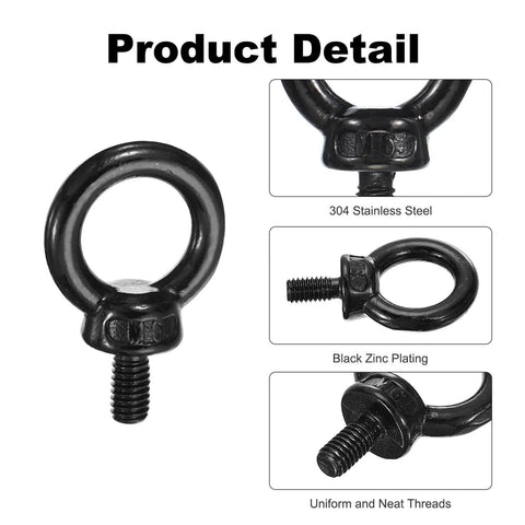 Heavy Duty Lifting Eyebolt Set M6 x 12mm 304 Stainless Steel Shoulder Ring Eyebolt for Lifting and Secure Hanging in Machinery Black Finish 4 Pack Durable Industrial Grade Hardware product detail with stainless steel material, black zinc plating, and uniform threads close-up image.