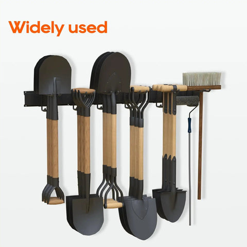 Wall Mount Garage Storage And Garden Tool Organizer With 350 Pound Capacity Adjustable Steel Rails And 6 Rubber Coated Hangers Rustproof Carbon Steel Rack For Garage Shed And Outdoor Tools shown with tools hung.