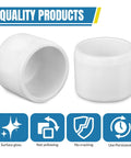 Two white Half Inch PVC Pipe End Cap Plug Socket Adapters for DIY shelves, with icons for surface gloss, durability, and non-yellowing features.