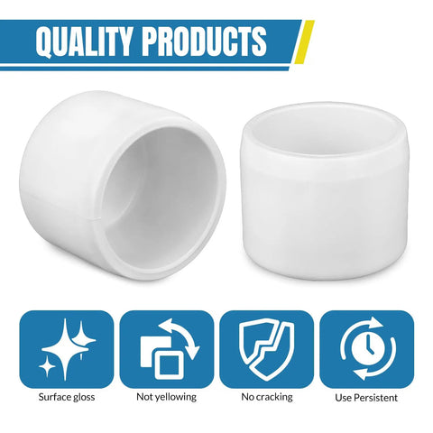 Two white Half Inch PVC Pipe End Cap Plug Socket Adapters for DIY shelves, with icons for surface gloss, durability, and non-yellowing features.