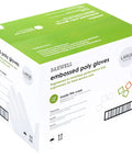 Clear Embossed Poly Gloves Large Ambidextrous For Food Handling With Textured Grip FDA Compliant Easy Donning Deli Grade Kitchen Use Loose Fit Comfort Includes 10 Boxes Of 500, packaging box showing gloves description.