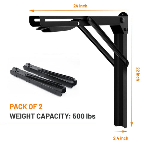 24 Inch Heavy Duty Folding Shelf Brackets For Garage Wall Mounted Floating Shelves Supports Up To 500lb Collapsible Space Saving Steel Brackets Pack Of 2 No Board Included shown with measurements and pack details