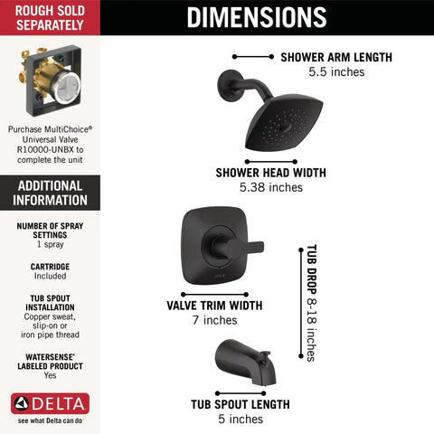 Dimensions of Modern Matte Black Tub and Shower Trim Kit With Single-Spray Touch-Clean Shower Head, Matte Black Finish.