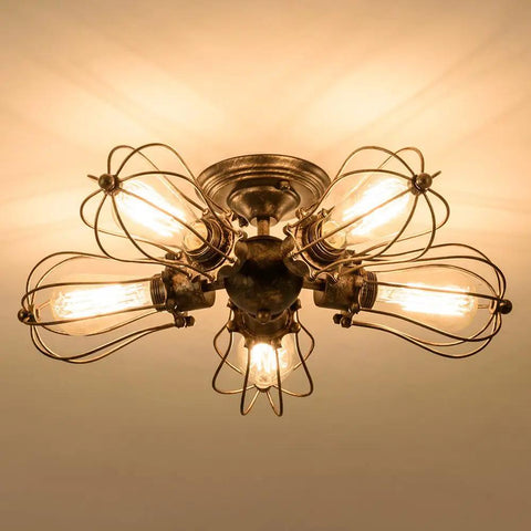 Vintage Industrial 5-Light Bronze Ceiling Light Semi-Flush Mount with painted finish, showing metal fixture and E26 base, bulbs not included.