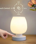 Set Of 2 Small Modern Touch Control Table Lamps For Bedroom And Living Room, 3 Way Dimmable Bedside Desk Lamps With White Opal Glass Shade, 2700K LED Bulbs, Simple Design, Cozy Nightstand Accent Lighting showing touch control feature on a wooden table.