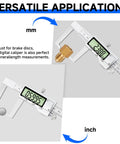 Digital Outside Caliper For Disc Brakes With Inch And Metric Conversion showing measurements in mm and inches on a digital display