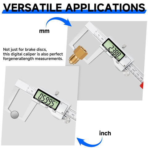 Digital Outside Caliper For Disc Brakes With Inch And Metric Conversion showing measurements in mm and inches on a digital display