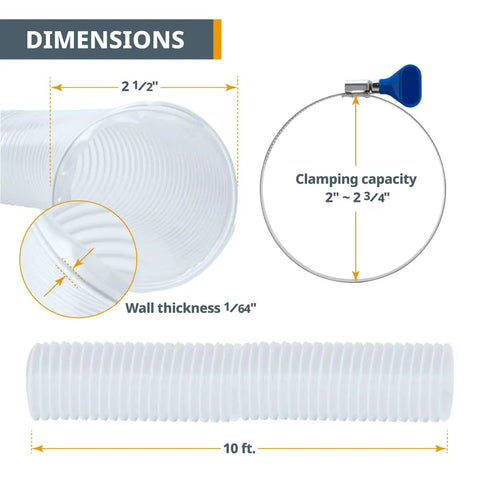 Diagram of 3 Inch By 50 Foot Flexible PVC Dust Collection Hose dimensions with clear spiral and clamping capacity details.
