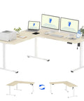Massive 63x47 Inch L-Shaped Electric Standing Desk In Warm Maple Finish Reversible Workstation With Dual Monitors And Printer