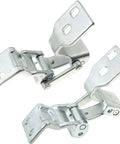 Chrome Door Hinge Assembly 2 Piece Set For Right Passenger Upper Lower Side Heavy Duty Steel No Sweat Diy Installation Rock Solid Bearing Action For Your Daily Driver Ride showing two chrome steel door hinges from an angled view.