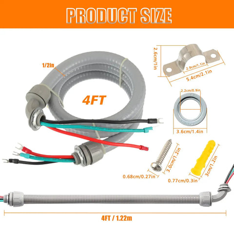 1/2 Inch Power Whip Assembly Kit With 3 Conductor 10 Gauge Preassembled AC Whip, Nonmetallic Liquid Tight Flexible Conduit, 4 Foot Length
