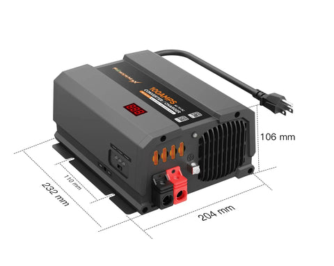 Badass 75 Amp RV Converter Charger compact 75A unit with dimensions, 12V DC power for camper lithium banks.