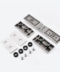 Heavy Duty Stainless Steel Glass Door Hinge For Frameless Bathroom And Shower Setup With Smooth 180 Degree Pivot And No Sweat Silver Mounting Kit components laid out.